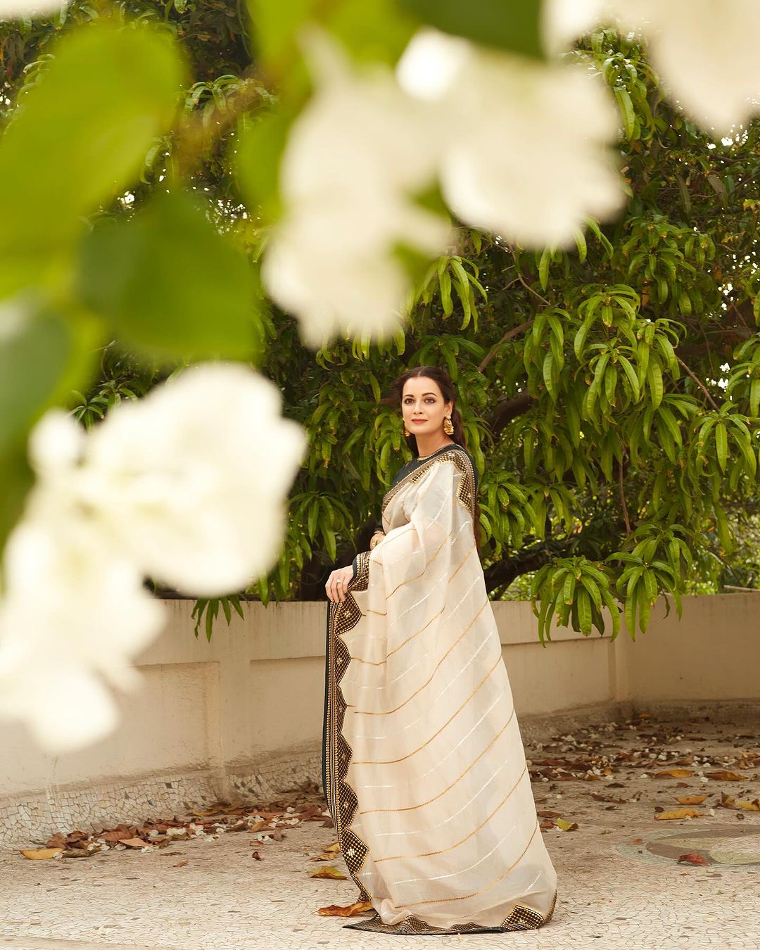 Bollywood Actress Dia Mirza in Traditional White Saree